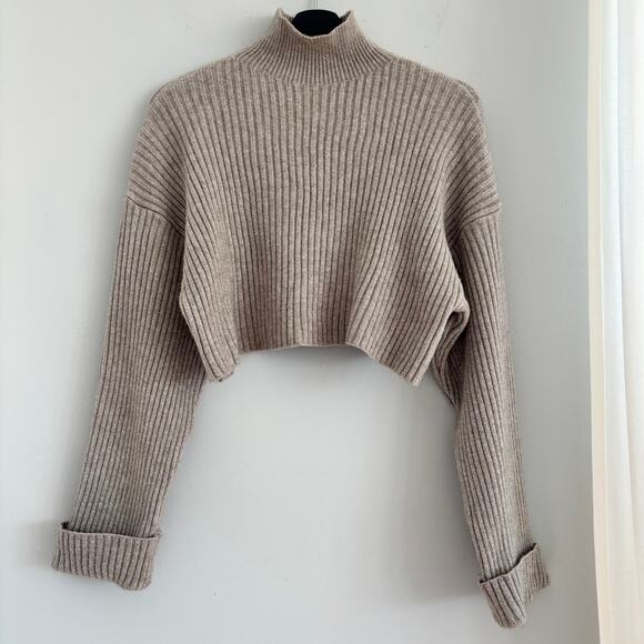 Zara Womens Ribbed Crop Pullover Sweater S Beige Cuff Sleeves Mock Neck Oversize - Picture 9 of 9